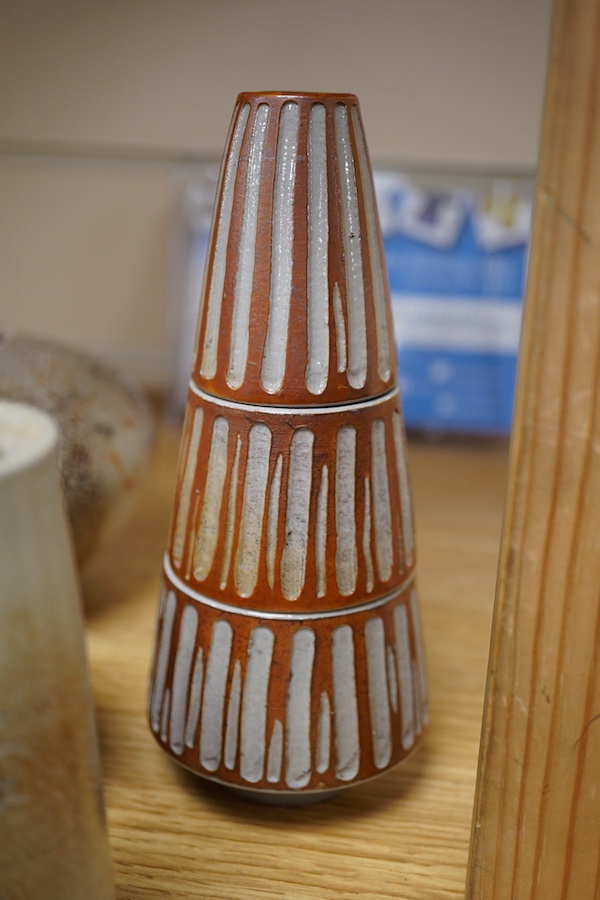 Guy Sydenham (1916-2005), a three piece cruet set, salt and pepper mustard and spoon, two vases and a candle-holder, tallest 16cm